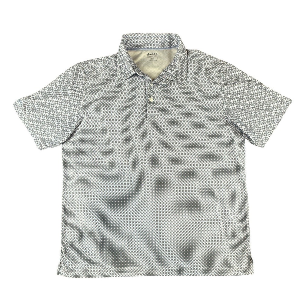 AHEAD Golf Polo Mens Large Blue Geometric Performance Stretch Short Sleeve GB04